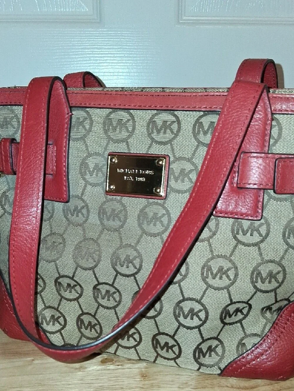 Michael Kors Beige Logo Tote with Red Trim